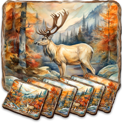 Caribou Wooden Cork Placemat and Coasters Gift Set of 7 by Nature Wonders Nature Wildlife Décor  - 85408C-S7